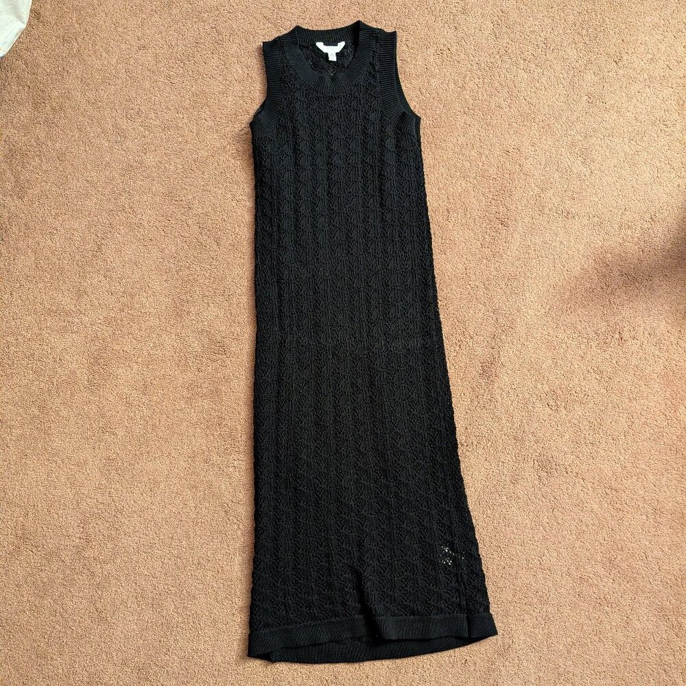 Textured Stitch Crochet Sweater Dress, Lined, Midi, Black, Size Medium.